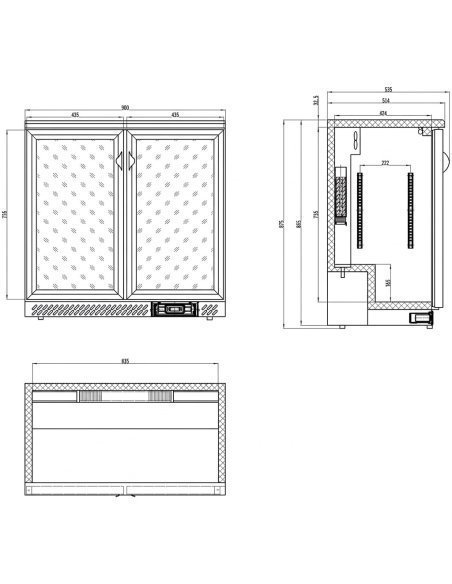 Expositor refrigerado ETB-90 S1 Edenox | 2 puertas de cristal | Capacidad 151 litros | 900 x 535 x 870 mm. Planos
