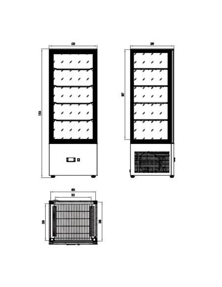 Vitrina expositora refrigerada VIVES-9 HC S1 Edenox | 4 caras de cristal | Capacidad 80 litros | 430 x 390 x 1164 mm. Plano